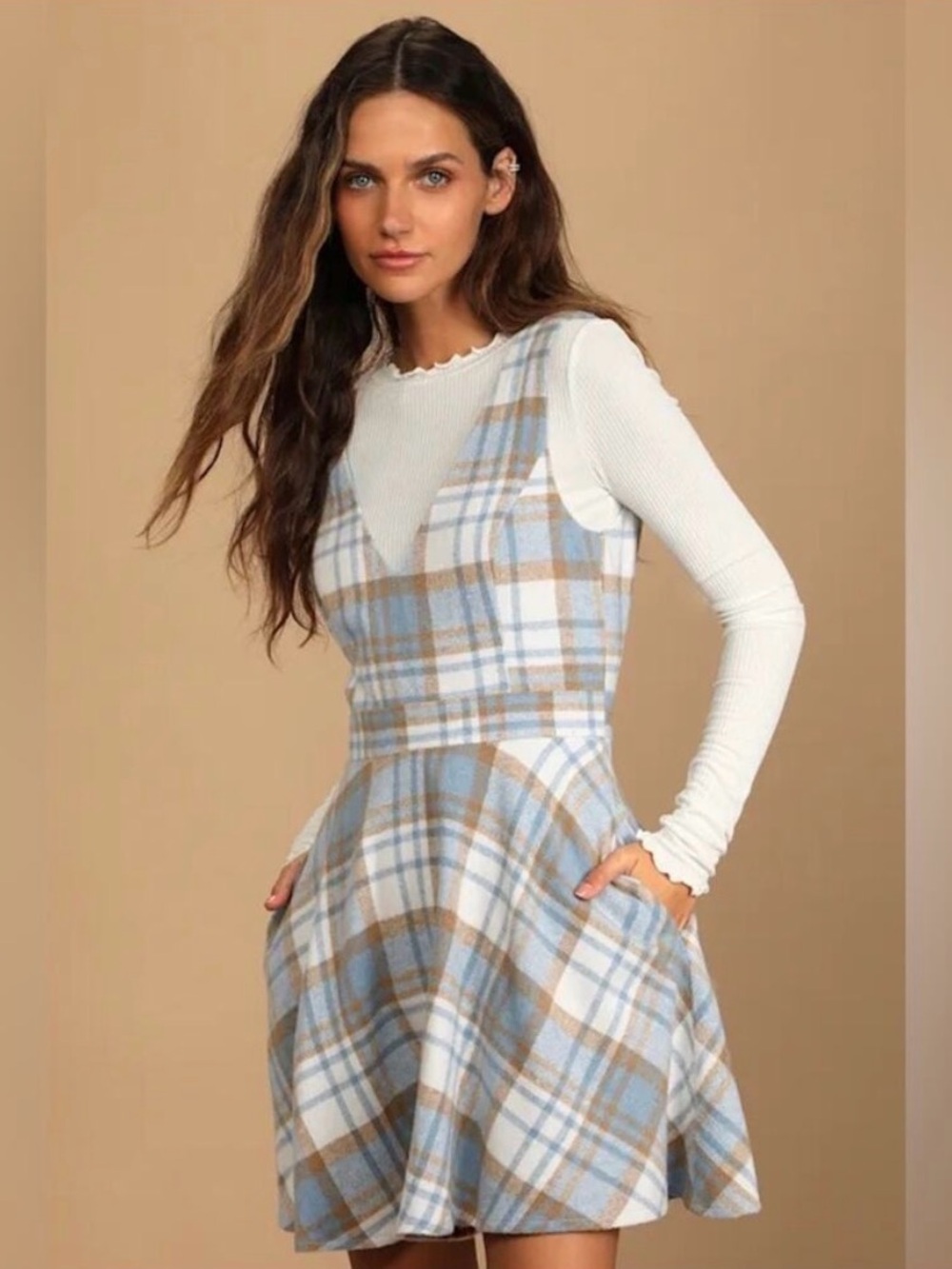 Blue white brown A line dress Lulus Autumn Strolls Multi Plaid Skater Dress